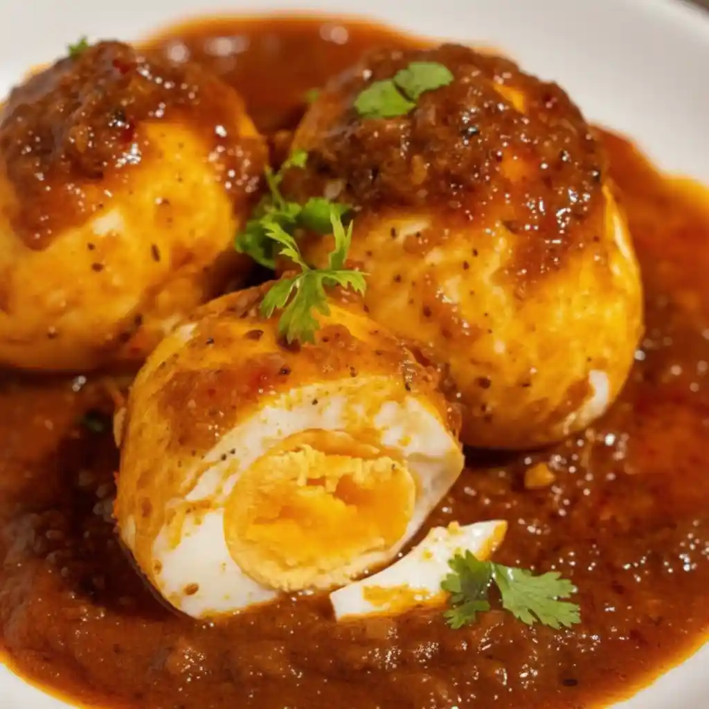 Spicy Cajun boiled eggs coated in rich Southern sauce, garnished with fresh cilantro, served in a flavorful Creole-style gravy.