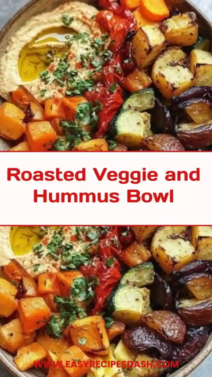 Colorful roasted veggie and hummus bowl with roasted vegetables, creamy hummus, and fresh toppings, served as a healthy plant-based dinner.