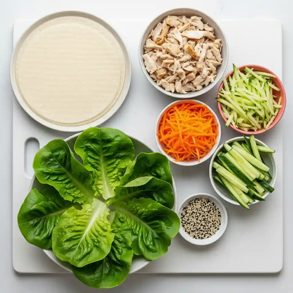 Bang Bang Chicken Rice Paper Rolls (2026 Recipe) 2 Bang Bang Chicken Rice Paper Rolls ingredients with shredded chicken, lettuce, cucumber, carrot, and rice paper wraps