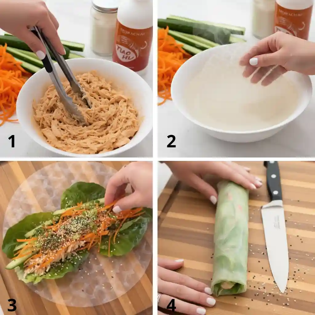 Bang Bang Chicken Rice Paper Rolls (2026 Recipe) 3 Step-by-step process for making Bang Bang Chicken Rice Paper Rolls with chicken filling, soaked rice paper, fresh vegetables, and rolling technique