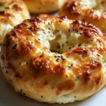 Freshly baked cottage cheese bagels on a wooden table.