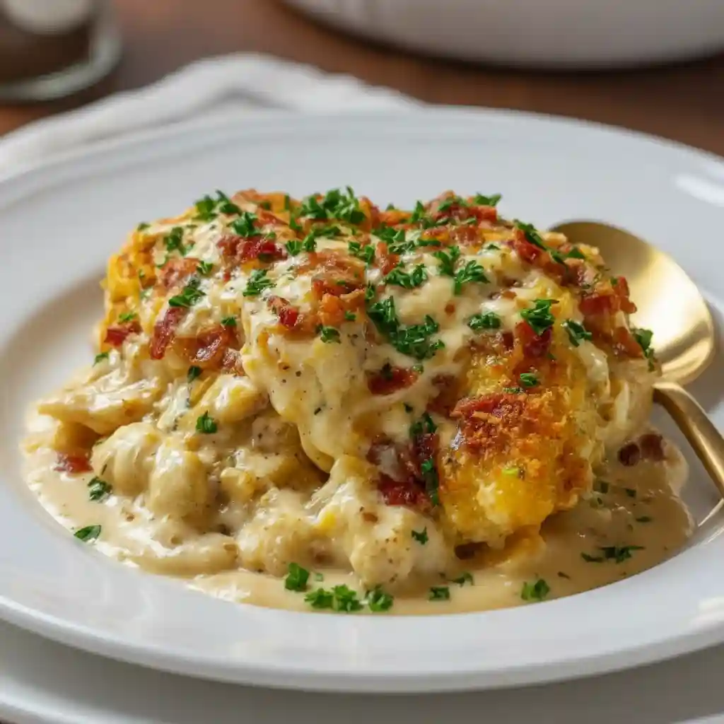 Cowboy casserole with creamy sauce, crispy topping, cheese, and herbs served on a white plate