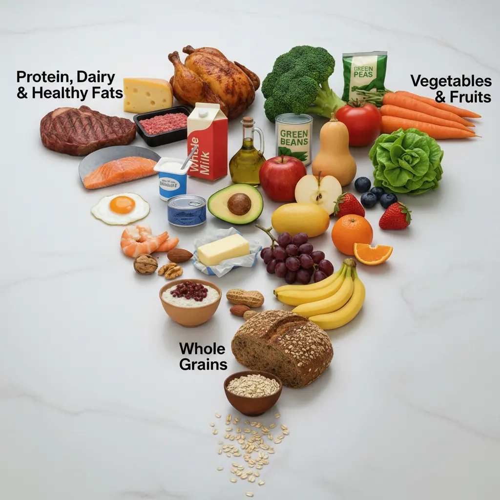 New food pyramid showing balanced nutrition with vegetables, fruits, whole grains, protein, dairy, and healthy fats arranged visually