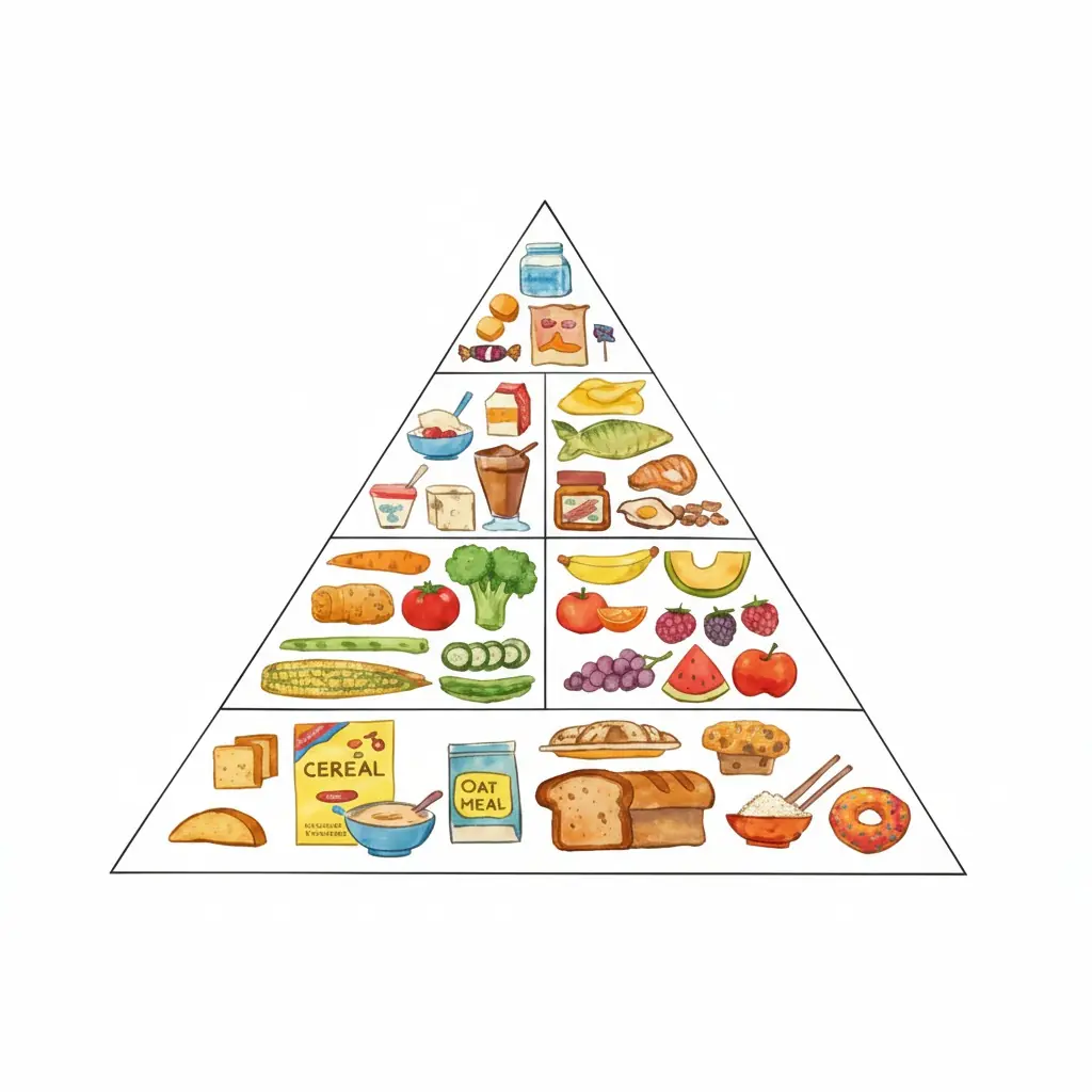 New Food Pyramid 2026: What Changed (and Why) 2 Old food pyramid illustration showing traditional dietary guidelines with grains at the base, fruits and vegetables, proteins, dairy, and sweets at the top