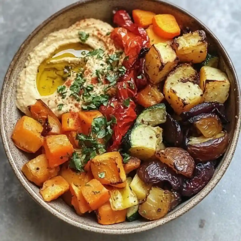 Roasted vegetable and hummus bowl with sweet potatoes, zucchini, eggplant, and olive oil drizzle