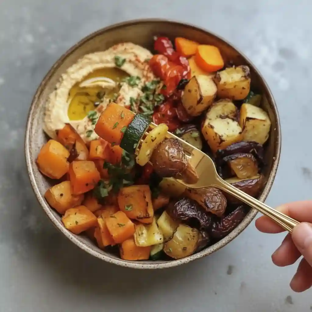 Close-up of roasted veggie and hummus bowl with sweet potatoes, zucchini, eggplant and creamy hummus with olive oil
