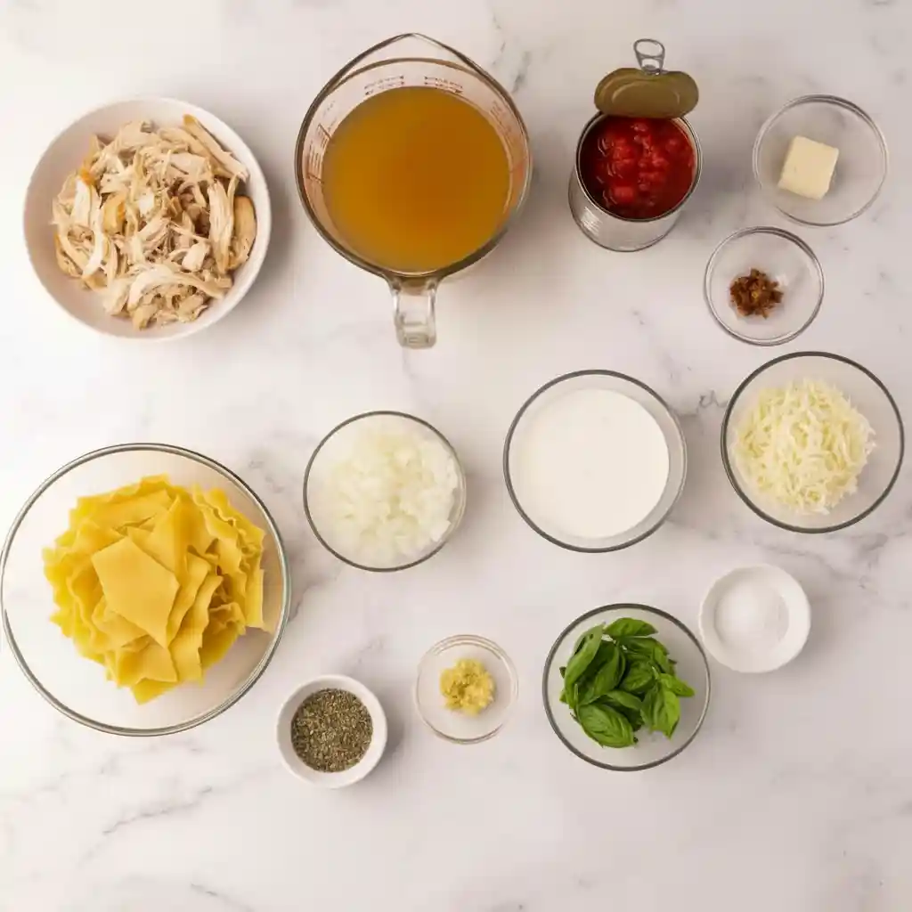 Overhead view of white chicken lasagna soup ingredients including shredded chicken, lasagna noodles, broth, cheese, basil, cream, and spices on marble surface