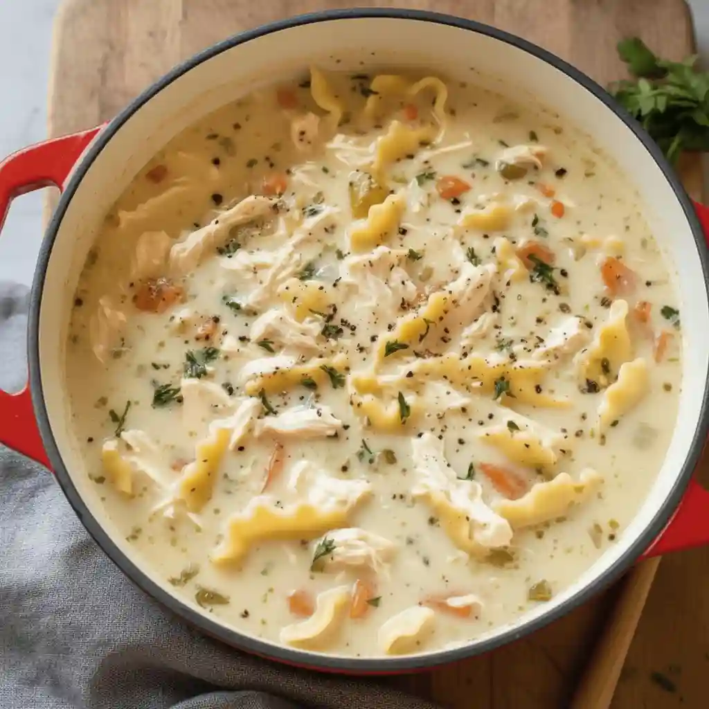 White chicken lasagna soup with shredded chicken, broken lasagna noodles, carrots, herbs, and a creamy broth in a pot