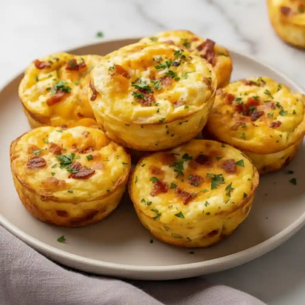 Cottage cheese egg bites with melted cheddar and fresh herbs on a plate, fluffy high-protein breakfast muffins