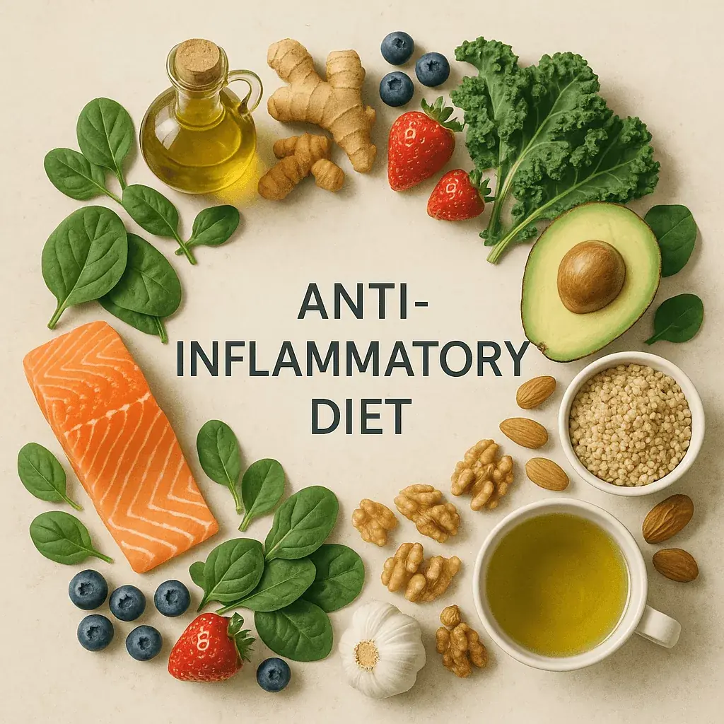 Anti-inflammatory diet foods including salmon, avocado, olive oil, spinach, berries, nuts, garlic, and whole grains arranged around text