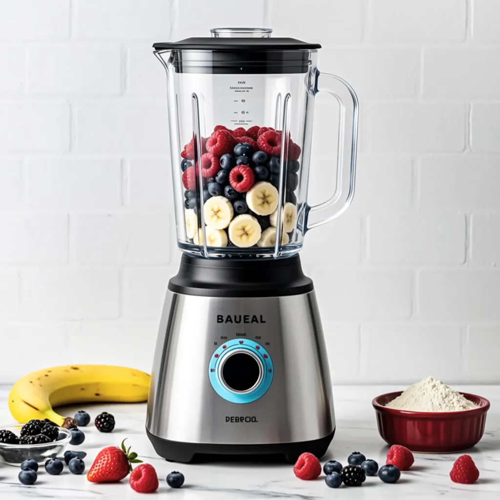 Blender filled with frozen berries, banana slices, and protein powder on a clean kitchen surface, ready to make a healthy smoothie.