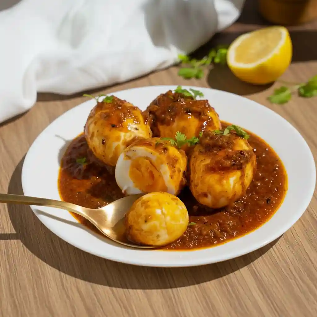 Cajun boiled eggs served with spicy Cajun sauce on a white plate, garnished with herbs and lemon, a flavorful Southern-style egg appetizer.