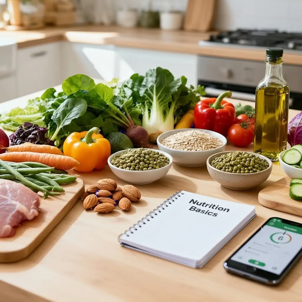Fresh vegetables, legumes, whole grains, olive oil, nuts, and lean protein on a kitchen table next to a notebook labeled “Nutrition Basics” and a smartphone tracking healthy eating.