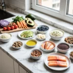 Healthy eating guide with balanced whole foods and fresh ingredients