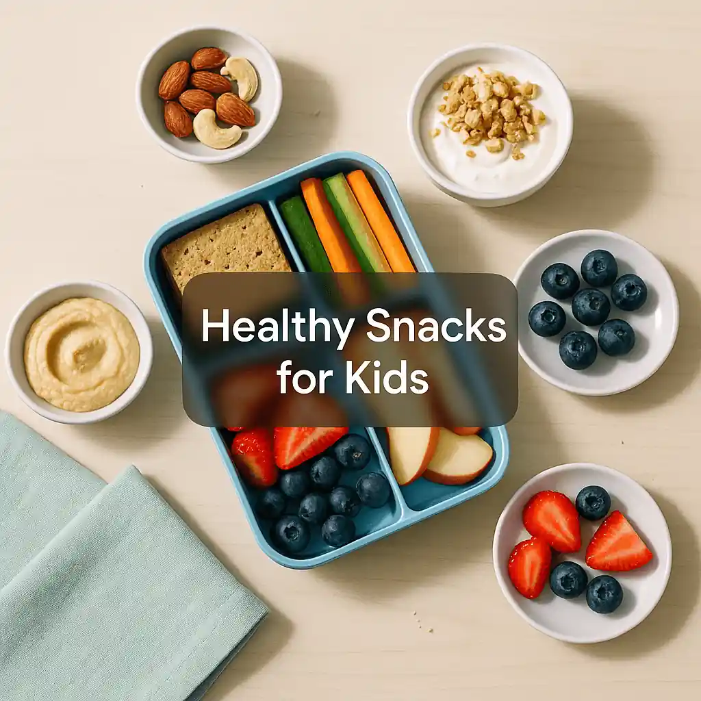 Healthy snacks for kids lunchbox with fresh fruits, blueberries, strawberries, carrots, celery, hummus, yogurt, almonds, and whole grain bread.
