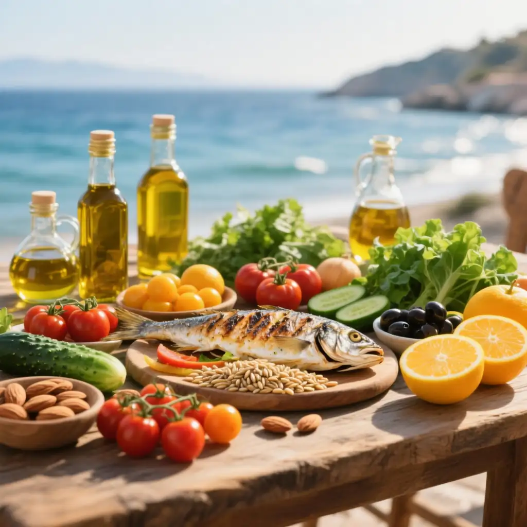 The Heart Healthy Diet Guide: Why the Mediterranean Lifestyle Wins 2 Heart Healthy Diet Mediterranean lifestyle food scene with olive oil, grilled fish, fresh vegetables, olives, nuts, citrus fruits, and whole grains by the sea.