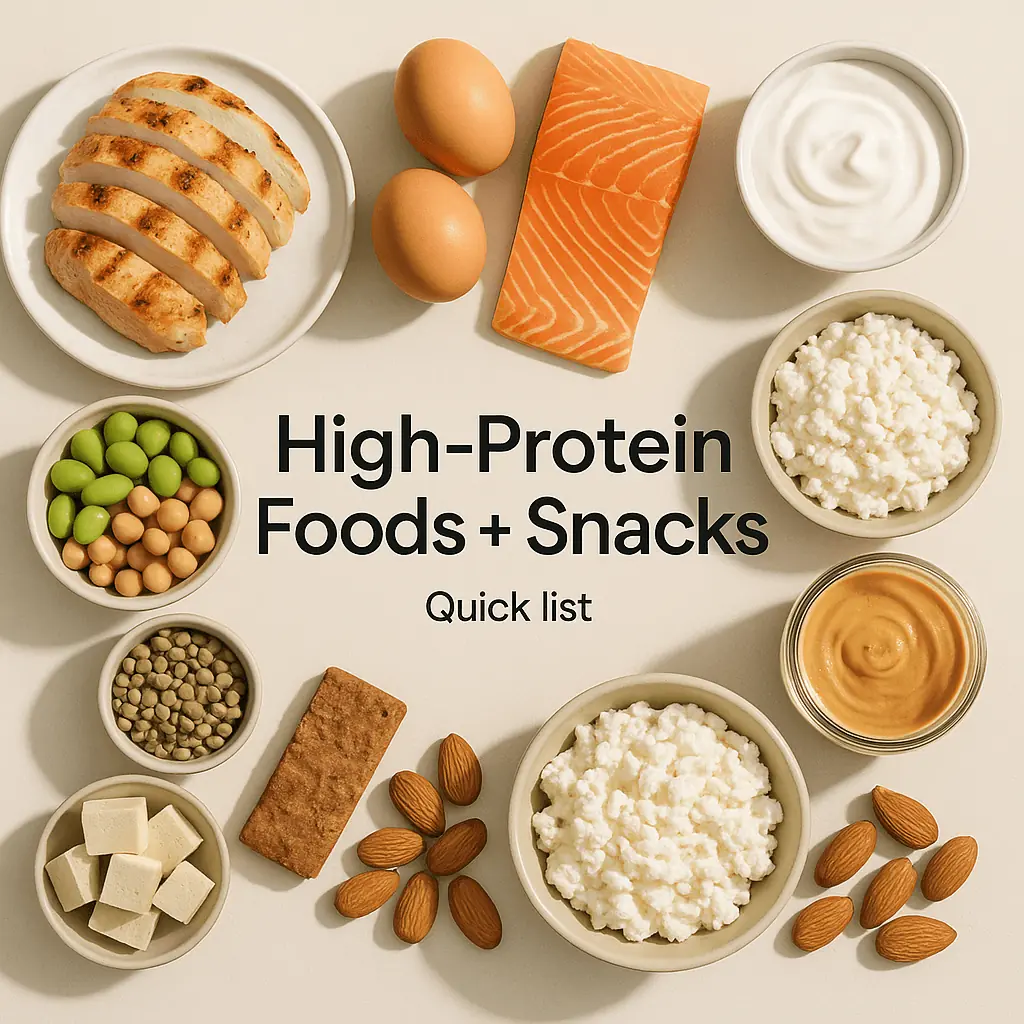 High protein foods and high protein snacks list including salmon, eggs, cottage cheese, yogurt, tofu, lentils, almonds, and edamame