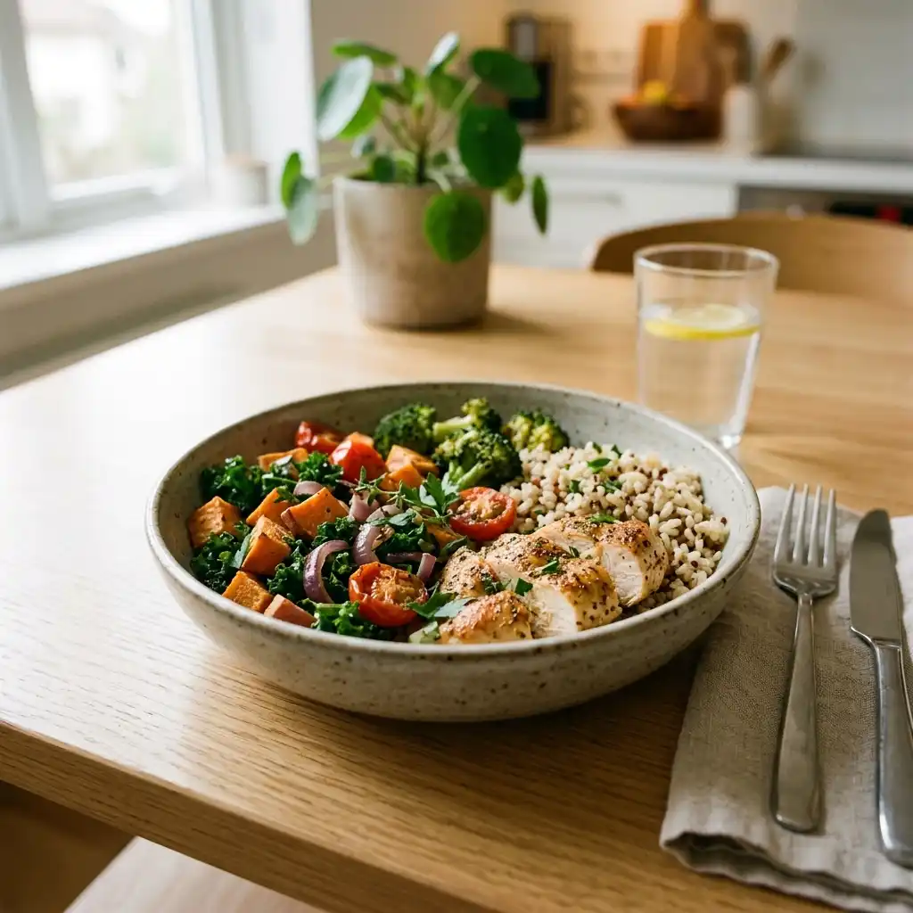 Simple home cooked meal bowl with grilled chicken, whole grains, broccoli, tomatoes, and fresh vegetables on a modern light wooden table
