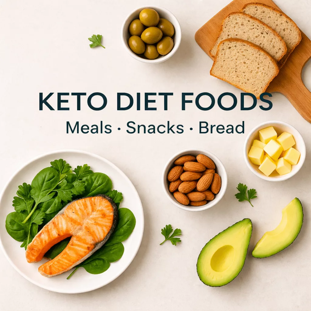 Keto Diet Foods including salmon, avocado, almonds, olives, butter and low carb bread for healthy ketogenic meals