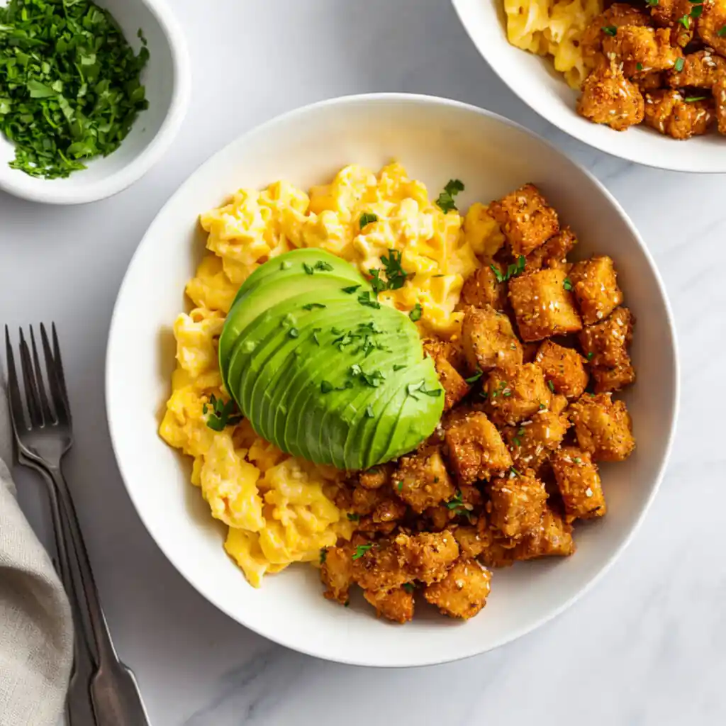 Keto Diet Foods: Meals, Snacks, Bread 3 Keto Diet Foods plate with scrambled eggs, sliced avocado and seasoned meat in a healthy low carb meal