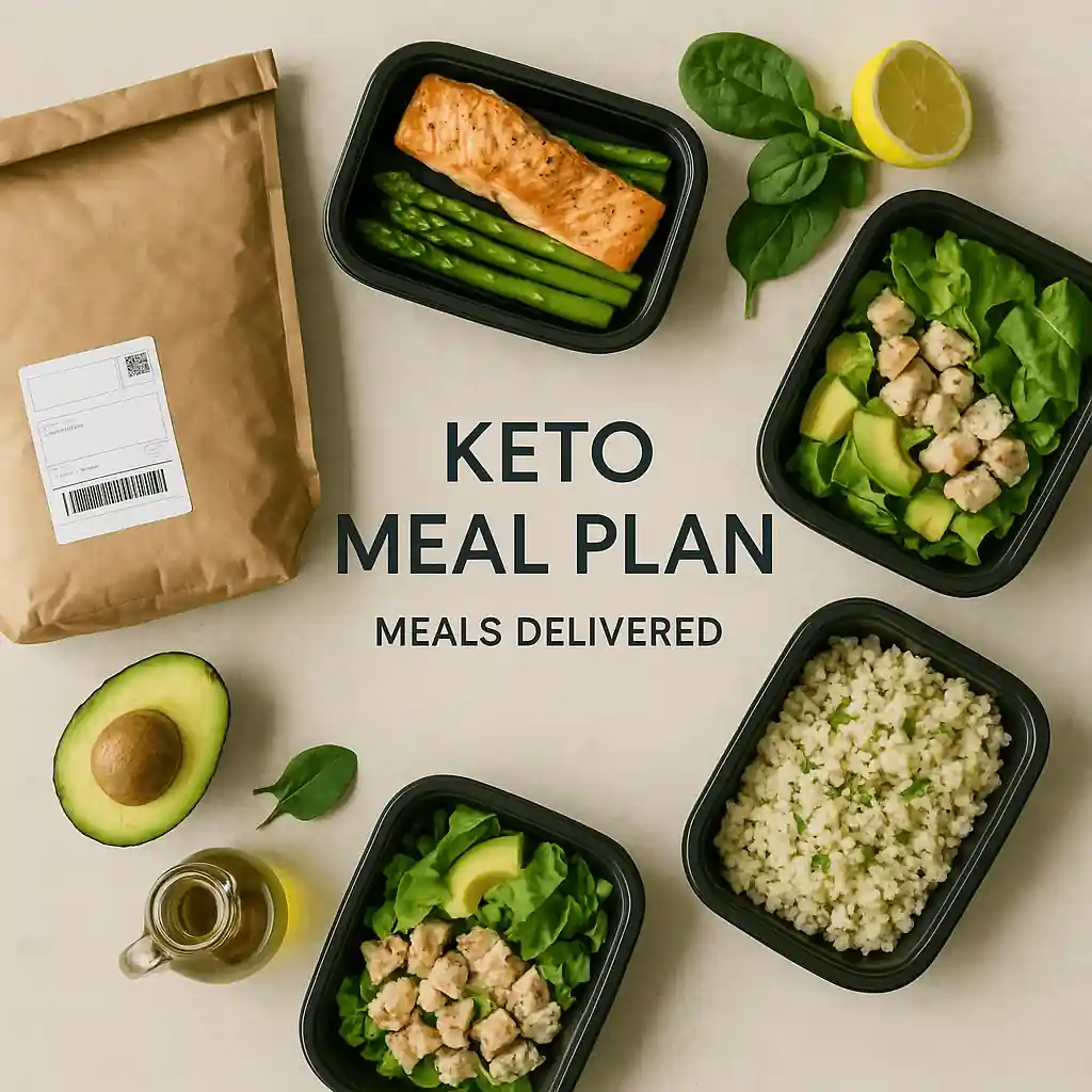 Keto Meal Plan with Keto Meals Delivered including salmon, asparagus, avocado salad, and cauliflower rice in meal prep containers.