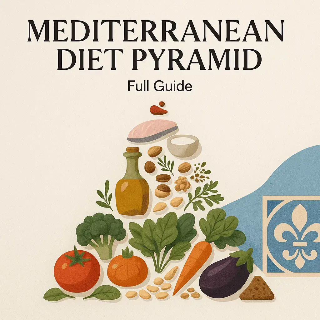 Mediterranean Diet Pyramid infographic showing olive oil, vegetables, legumes, fish, nuts, and whole foods in a traditional Mediterranean food pyramid layout