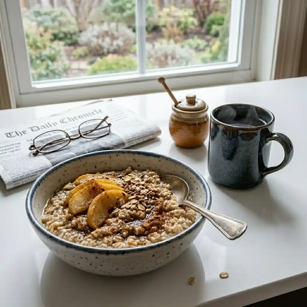 Bowl of oats with chia seeds and fruit beside a warm drink on a modern breakfast table near a window.