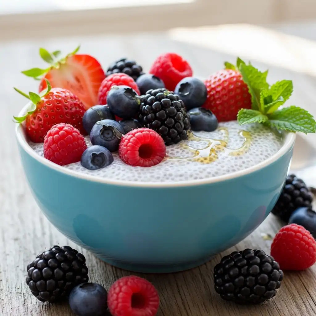 Plant Based Diet & Plant Based Protein Guide 2 Plant Based Diet chia pudding bowl topped with fresh berries including strawberries, blueberries, raspberries, and blackberries.