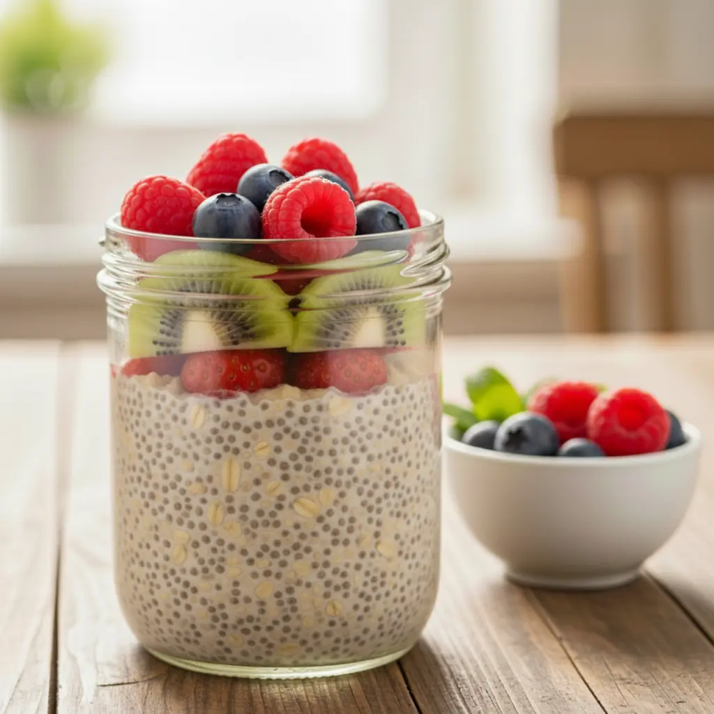Plant Based Diet & Plant Based Protein Guide 3 Plant Based Diet chia pudding jar layered with oats, strawberries, kiwi, blueberries, and raspberries.