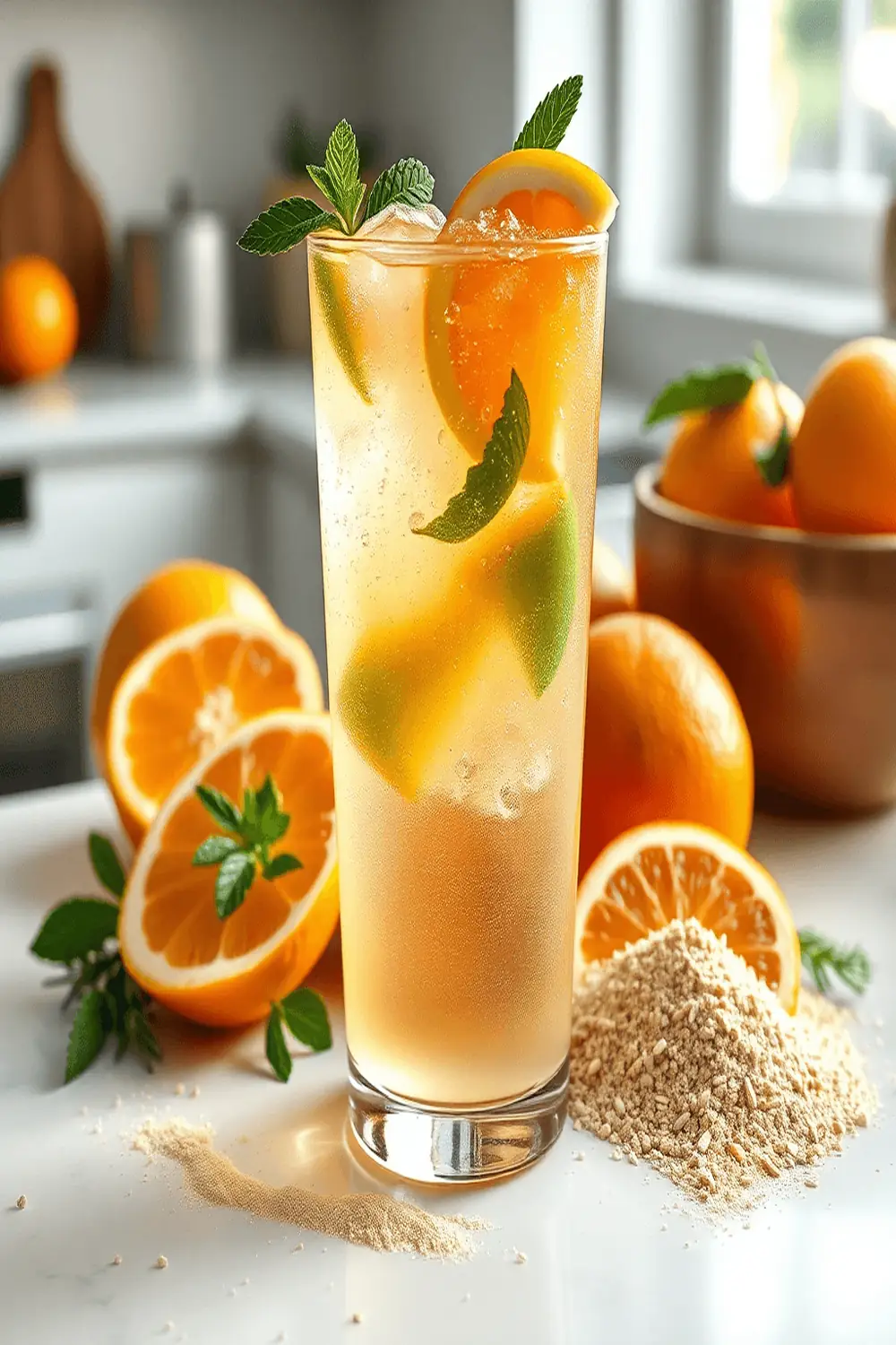 Prebiotic soda made with fresh citrus slices, mint leaves, and sparkling water in a glass