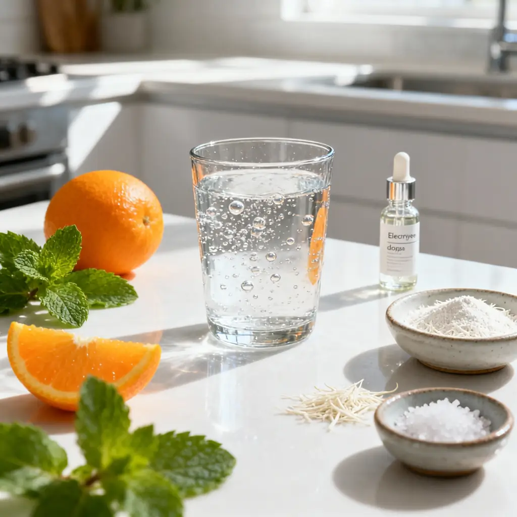 Prebiotic Soda: Home Made Recipes 2 Ingredients for homemade prebiotic soda including sparkling water, orange juice, acacia fiber, sea salt, and electrolyte drops