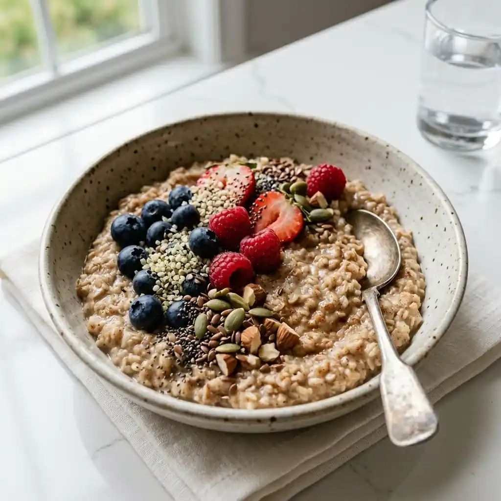 Bowl of creamy oatmeal topped with fresh blueberries, raspberries, sliced strawberries, mixed seeds, and nuts, served with a spoon.