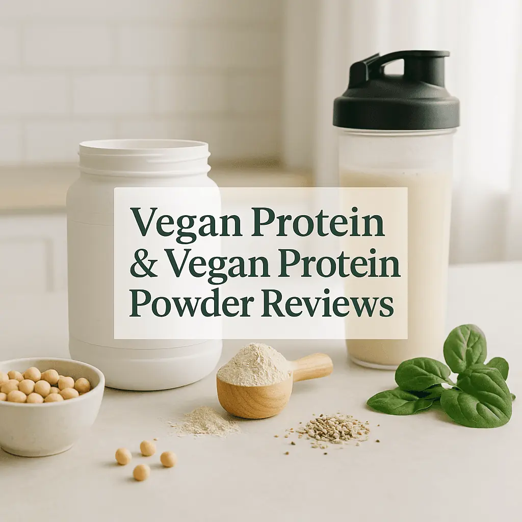 Vegan protein powder container with shaker bottle, soybeans, and plant-based ingredients on a clean kitchen surface for product review.