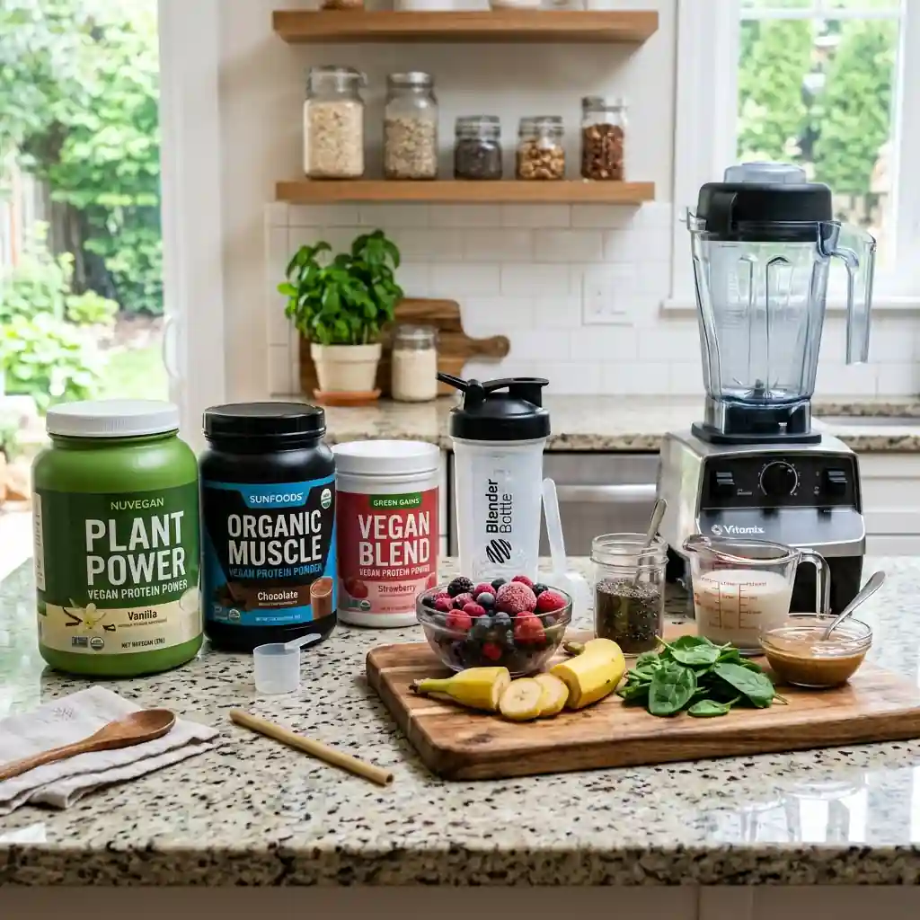 Vegan protein powder containers on a kitchen counter with shaker bottle, blender, bananas, berries, spinach, and chia seeds for a healthy smoothie setup.