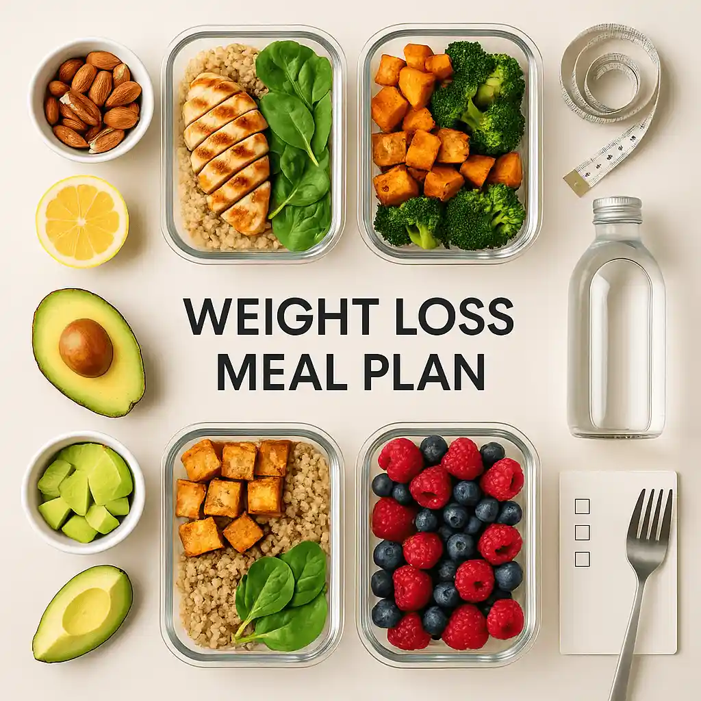 Meal plan for weight loss and diet plan for weight loss with healthy balanced meals including chicken, vegetables, grains, and fruits