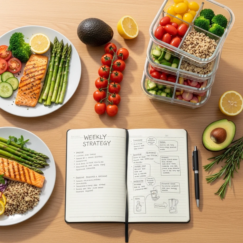Weight loss strategy with weekly meal planning notebook and balanced healthy meal prep containers