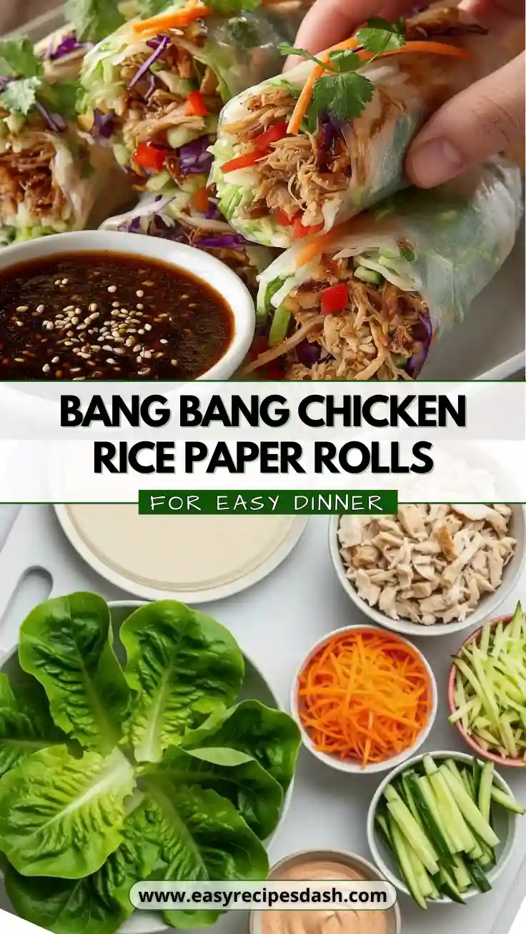 Bang Bang Chicken Rice Paper Rolls made with shredded chicken, crisp lettuce, carrots, cucumber, and fresh vegetables, served with a savory dipping sauce, an easy and healthy dinner recipe.