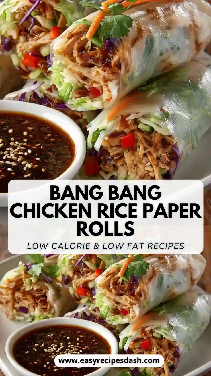 Bang Bang Chicken Rice Paper Rolls filled with shredded chicken, fresh vegetables, and herbs, served with a flavorful dipping sauce, a healthy high-protein low-calorie recipe.