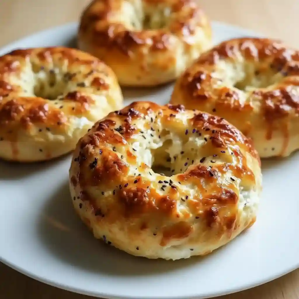 Cottage Cheese Bagels: High-Protein in 30 Minutes 2 Golden baked cottage cheese bagels with a soft interior and crispy crust, topped with seeds on a white plate