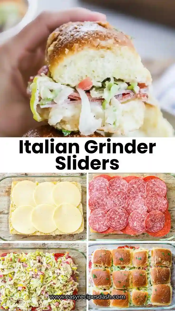 Close-up of Italian grinder sliders on soft buns filled with deli meats, cheese, and shredded lettuce, with step-by-step images showing sliced cheese, salami, salad mix, and baked sliders on a tray