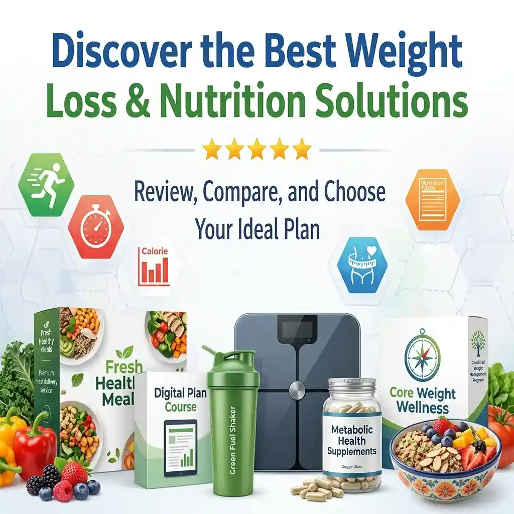 Infographic showing weight loss and nutrition solutions with diet programs, meal plans, supplements, scale, and healthy foods arranged around the concept of choosing the best plan.
