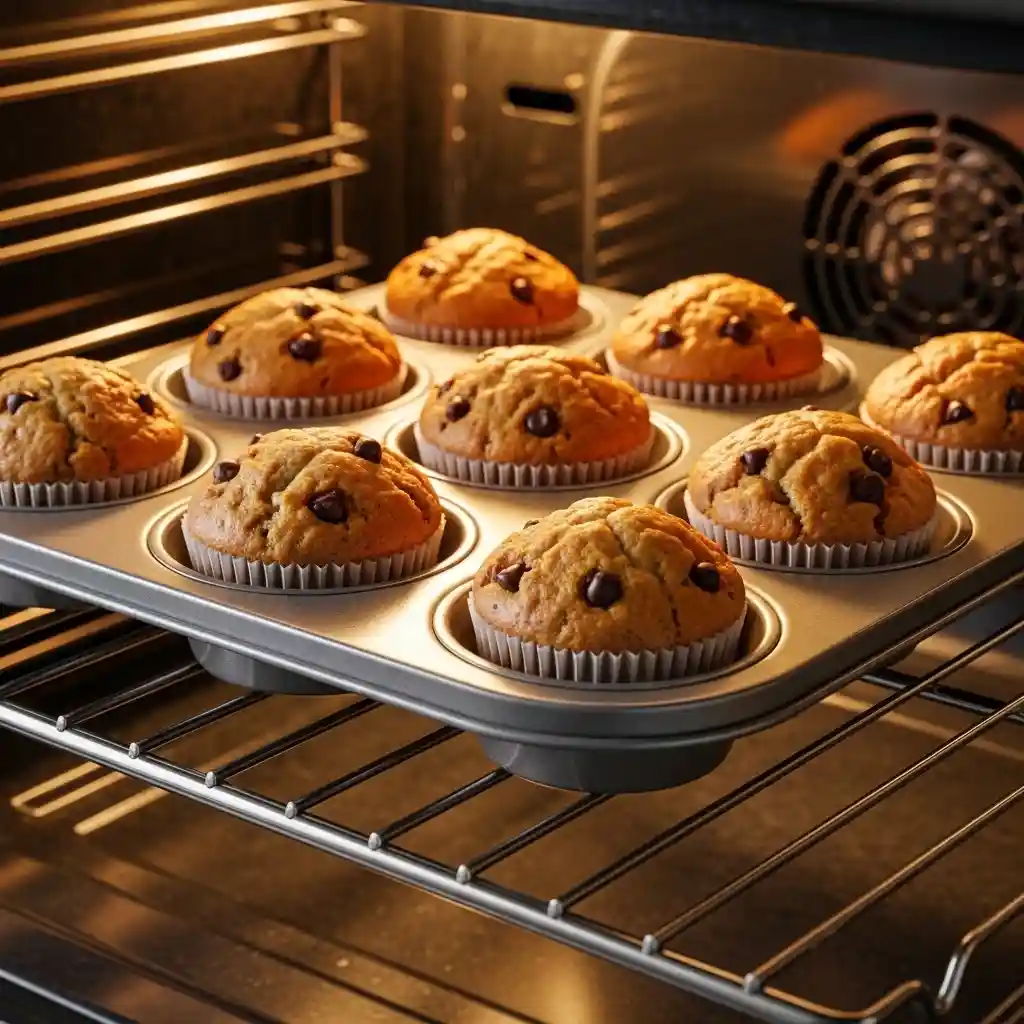 Banana muffins baking in oven until golden brown