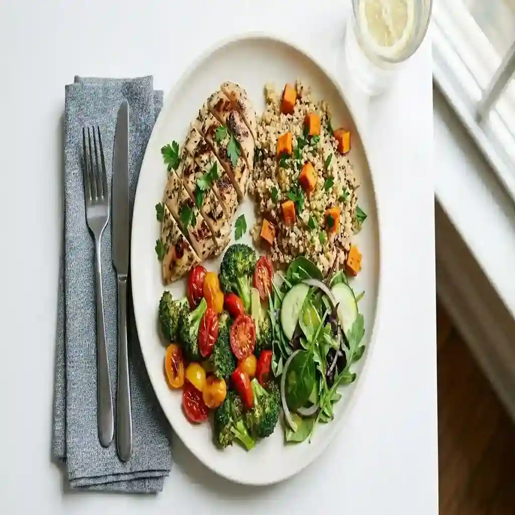 balanced protein plate with grilled chicken, quinoa, broccoli, cherry tomatoes, asparagus and fresh vegetables