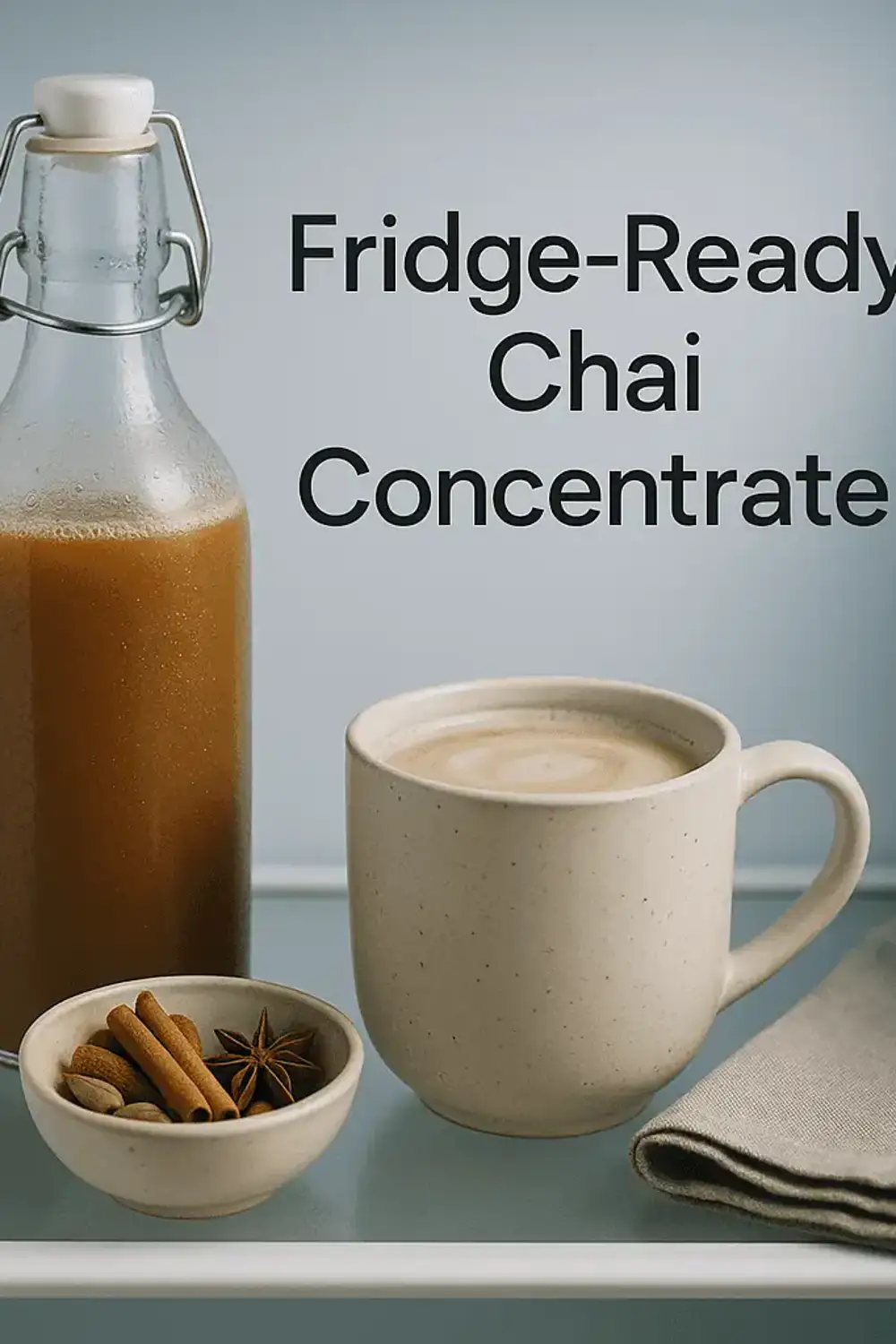 Jar of Chai Latte Concentrate with warm spices, tea, and milk for an easy homemade chai latte.