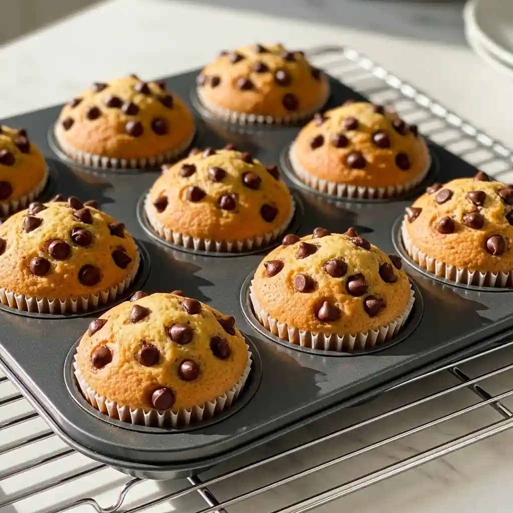 Fresh banana muffins cooling on a wire rack after baking