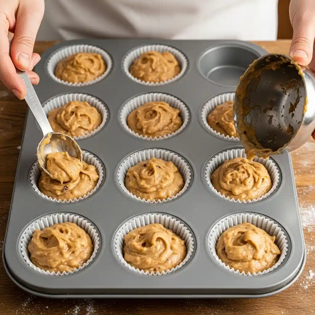 Banana muffin batter evenly divided into lined muffin cups