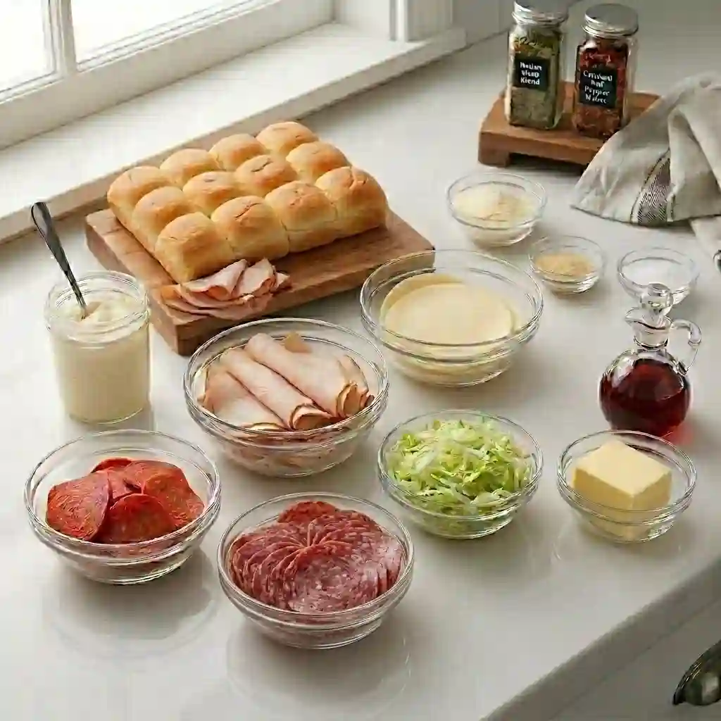 Italian Grinder Sliders on Hawaiian Rolls 3 Italian Grinder Sliders ingredients with Hawaiian rolls, turkey, pepperoni, lettuce, tomatoes, cheese, butter, and dressing prepared for baked sandwich sliders.