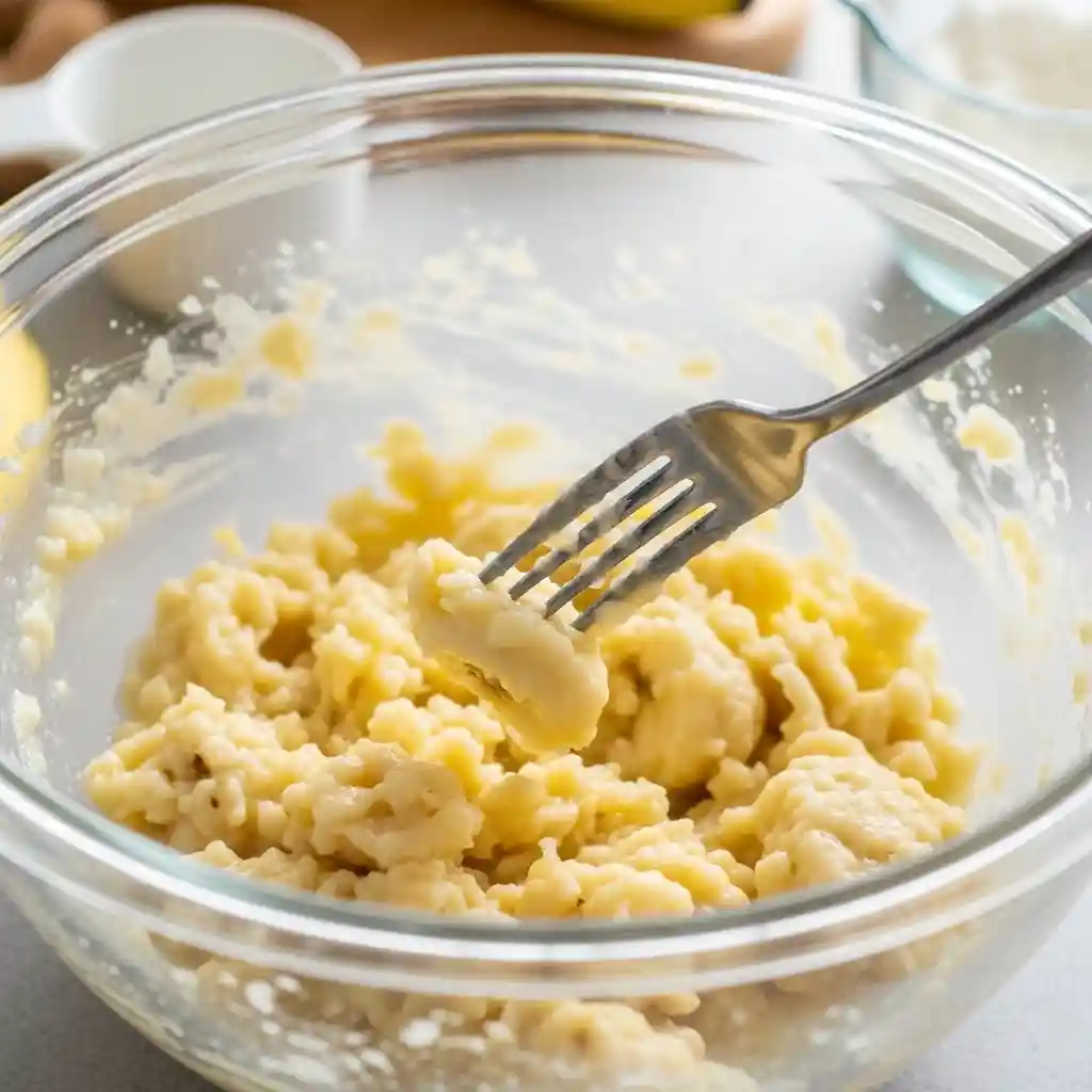 Ripe bananas mashed in a bowl for moist banana muffin batter