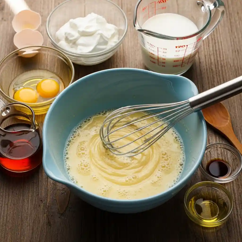 Mixing eggs yogurt milk oil and maple syrup into mashed bananas