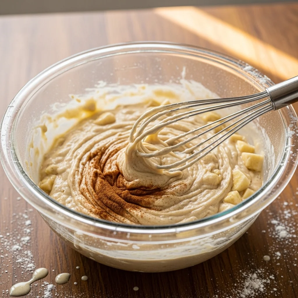 Banana muffin batter being whisked in a glass bowl with cinnamon and banana pieces